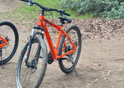 Bicicleta naranja de arriendo en un sendero del Jardín