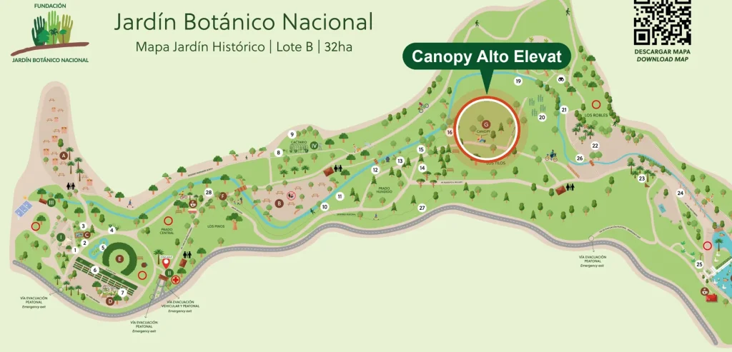 Mapa del Jardín Botánico con la ubicación del Canopy Alto Elevat destacada, frente al prado Los Tilos