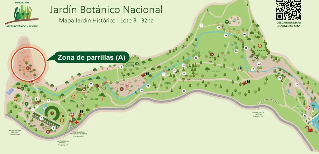 Mapa del Jardín Botánico con la zona de parrillas (A) destacada