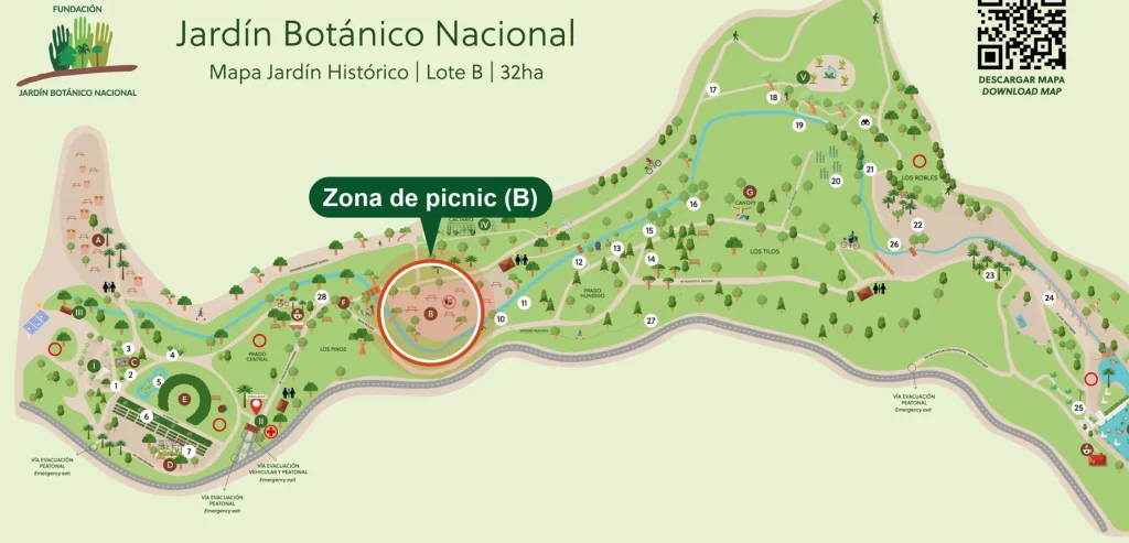 Mapa del Jardín Botánico con la zona de picnic (B) destacada