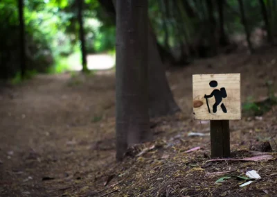 Letrero de caminante que señala el sendero peatonal entre los árboles