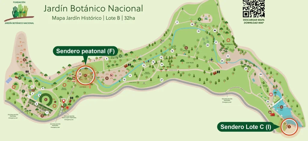 Mapa del Jardín Botánico con el inicio del sendero peatonal (F) y del sendero Lote C (I) destacados